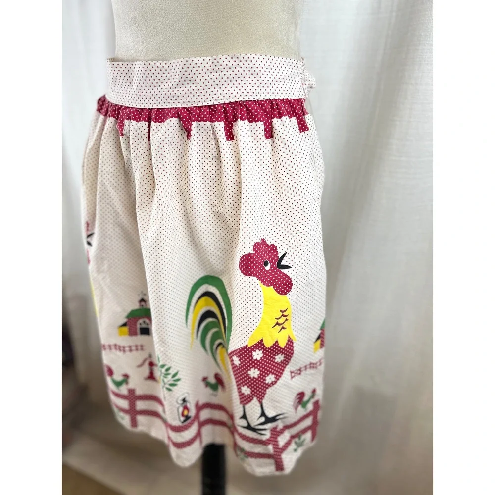 Vintage Rooster Farm Novelty Print Half Apron Red Polka Dot Country Kitchen